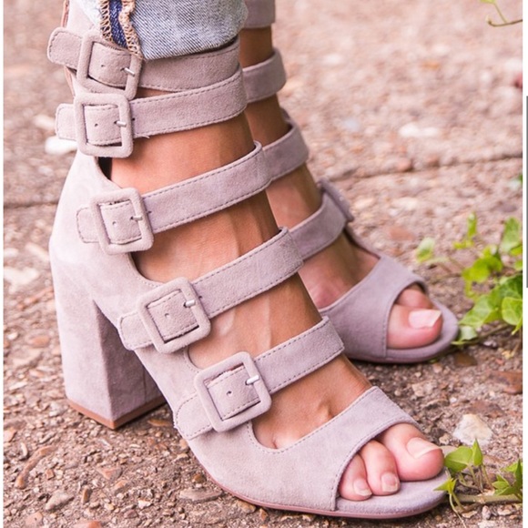 NIB Gray Block Heel Suede Buckled Caged Sandals - Picture 3 of 4